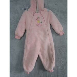 Vintage Baby Pink‎ Quiltex Hooded Fleece Bunting Snowsuit Embroidered Deer 0–6M